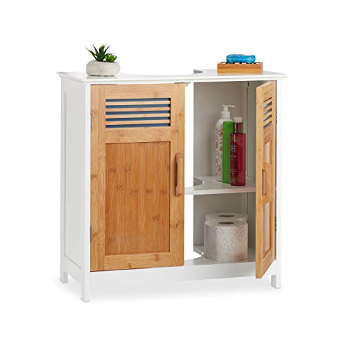 Relaxdays Mobile Bagno Legno, Ante bambù, Fondo Regolabile, Incavo Sifone,  Sottolavabo, Hlp: 60 X 60 X 30 Cm, Naturale/Bianco 60x60x30cm, Pannelli MDF